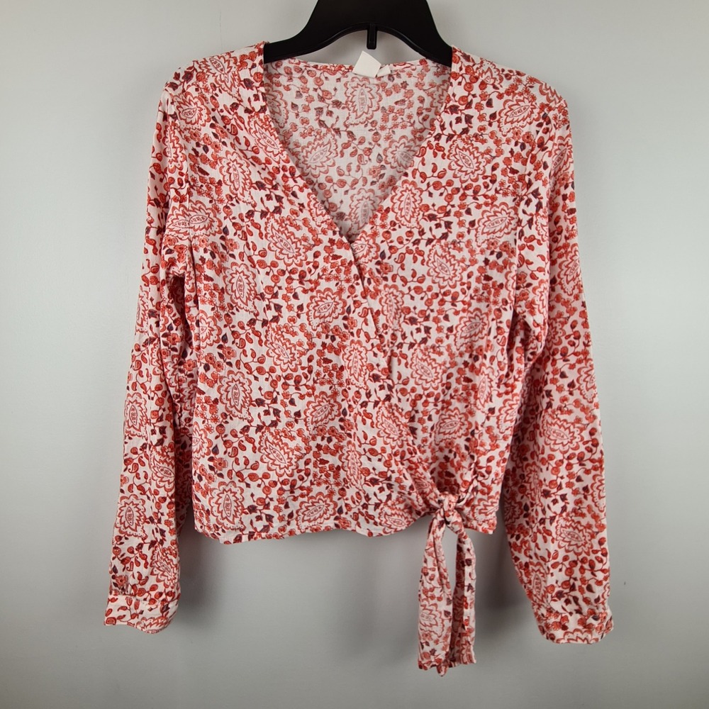 GAP‎ Women Red Paisley Floral Linen Blend Wrap Tie Front Cropped Top Small
